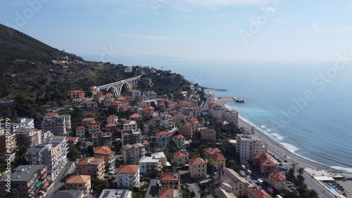 Beautiful view of the cityscape of Varazze next to the sea.