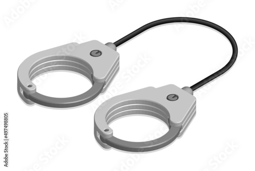 Isometric police metal handcuffs to neutralize criminals. Outfit and equipment of police. Realistic 3D vector isolated on white background