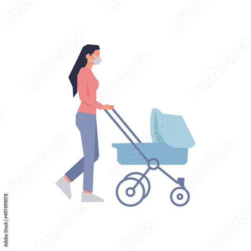 Female babysitter pushing a stroller simple flat vector character illustration.