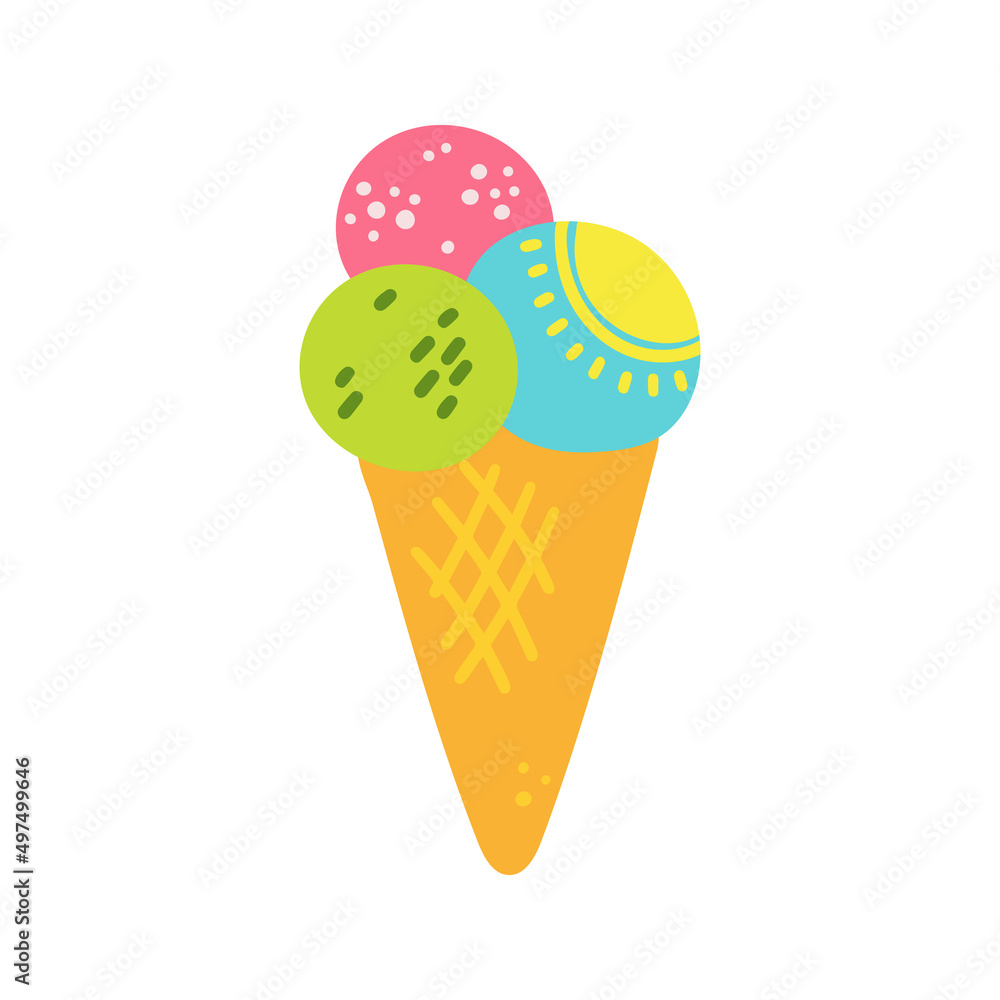 Bright colourful summer illustration of ice cream with a waffle tube on a white background. Ice Cream Cone Flat Design Dessert Icon in cartoon style. Hand drawn vector illustration Bright colourful summer illustration of ice cream with a waffle tube on a white background. Ice Cream Cone Flat Design Dessert Icon in cartoon style. Hand drawn vector illustration