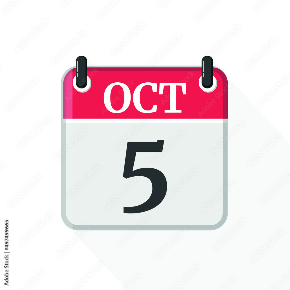 October 5 Calendar Icon. Calendar Icon with white background. Flat style. Date, day and month October 5 Calendar Icon. Calendar Icon with white background. Flat style. Date, day and month