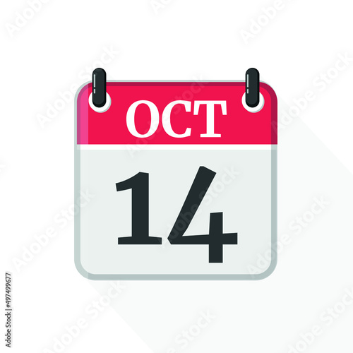 October 14 Calendar Icon. Calendar Icon with white background. Flat style. Date, day and month