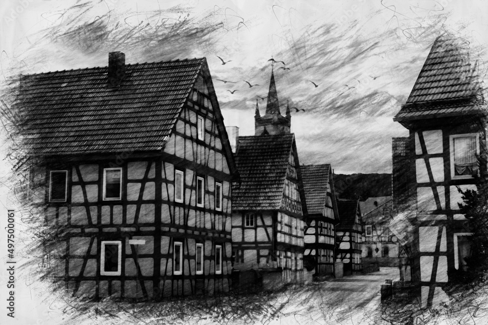 view of small viillage in pencil drawing style