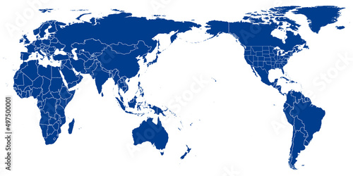 World Map vector. Blue similar world map blank vector on white background. Blue similar world map with borders of all countries and States of USA map. High quality world map. EPS10.