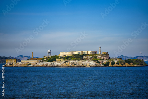Alcatraz Island, a small island in San Francisco, lighthouse and military prison