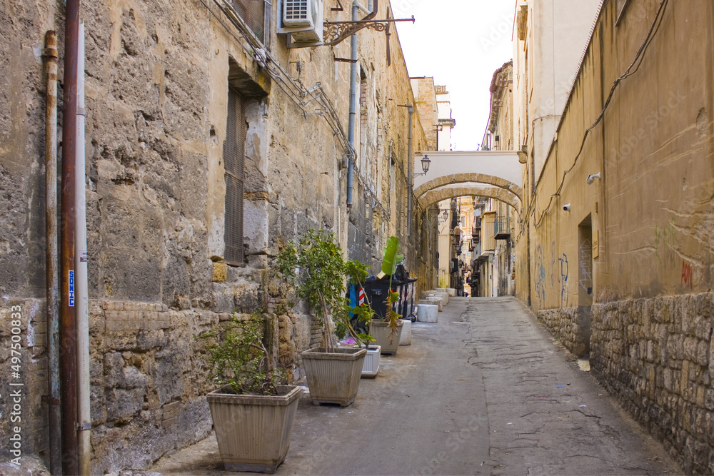 Typical street in Old Town in Palermo, Italy, Sicily	