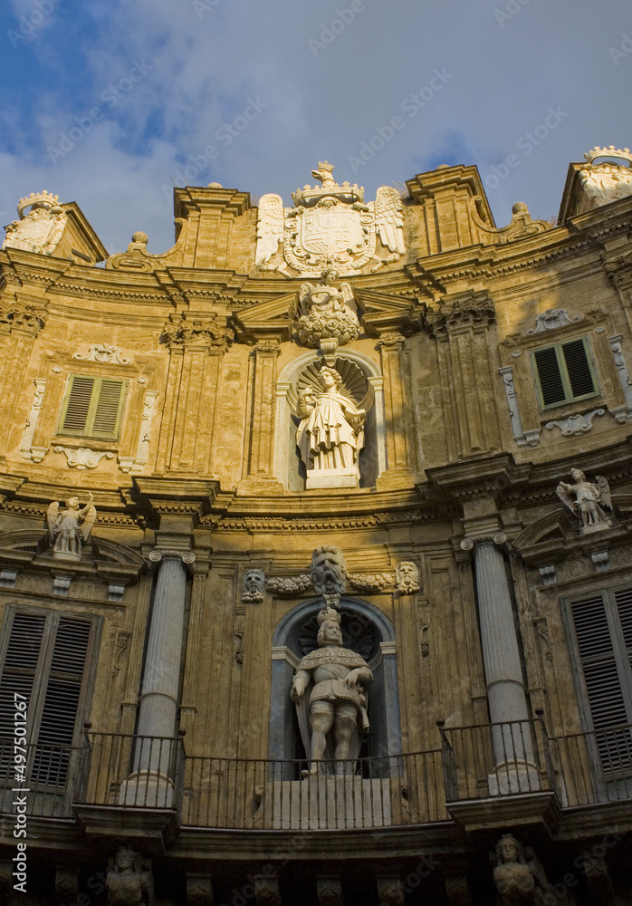 Palazzo Di Rudin at baroque square Quattro Canti (Piazza Vigliena) in Palermo, Sicily, Italy	