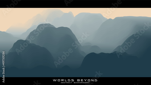 Abstract gray landscape with misty fog till horizon over mountain slopes. Gradient eroded terrain surface. Worlds beyond.
