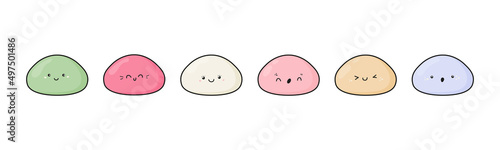 Cute mochi icon vector set. Cartoon characters with various kawaii faces. Japanese sweet rice dessert in pastel colors. Mochi logo illustration isolated on white background photo