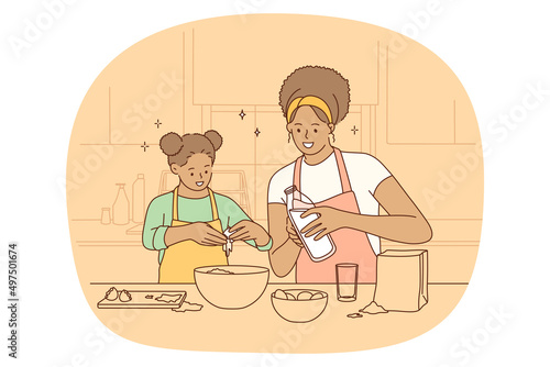 Cooking with family and leisure concept. Happy positive black mother and her daughter standing in kitchen at home making dough and cooking together pie or cake vector illustration 