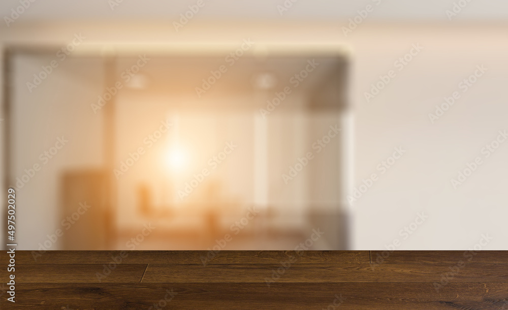Fototapeta premium Elegant office interior. Mixed media. 3D rendering.. Sunset.. Background with empty table. Flooring.