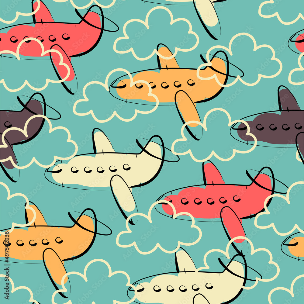Sketched cute airplanes seamless pattern. Hand drawn vector illustration.