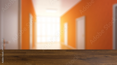 The Corridor in office building. 3D rendering. Background with empty table. Flooring.