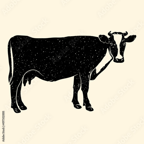 Cow. Colorful cute screen printing effect. Riso print effect. Vector illustration. Graphic element  for fabric, textile, clothing, wrapping paper, wallpaper, poster.