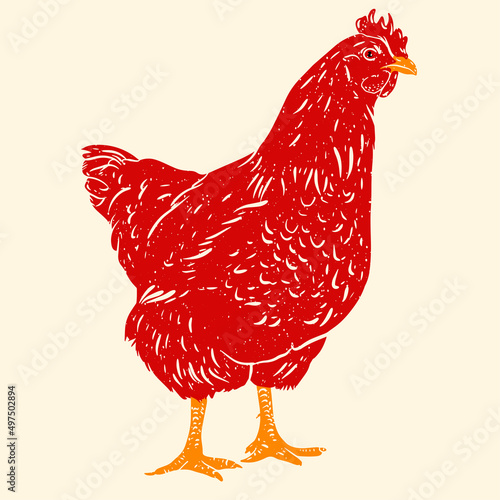Red chicken. Colorful cute screen printing effect. Riso print effect. Vector illustration. Graphic element  for fabric, textile, clothing, wrapping paper, wallpaper, poster.