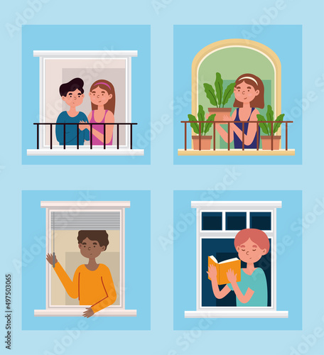 set of people in the window