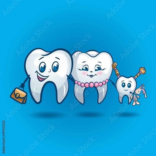 zuby sem'yateeth family the teeth are white with a contour, face, hands, tooth mom, tooth dad, tooth daughter on a blue background