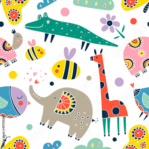 Children s colorful seamless pattern with cute animals.  Can be used in textile industry  paper  background  scrapbooking.Vector