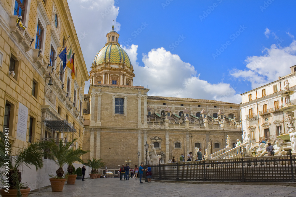 View of Church of San Giuseppe dei Padri Teatini from Piazza Pretoria in Palermo, Sicily, Italy