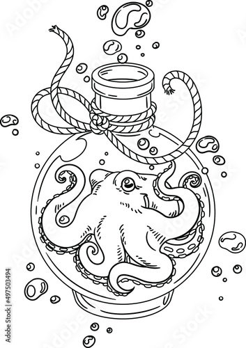Octopus trapped in round glass bottle. Vector outline for coloring book