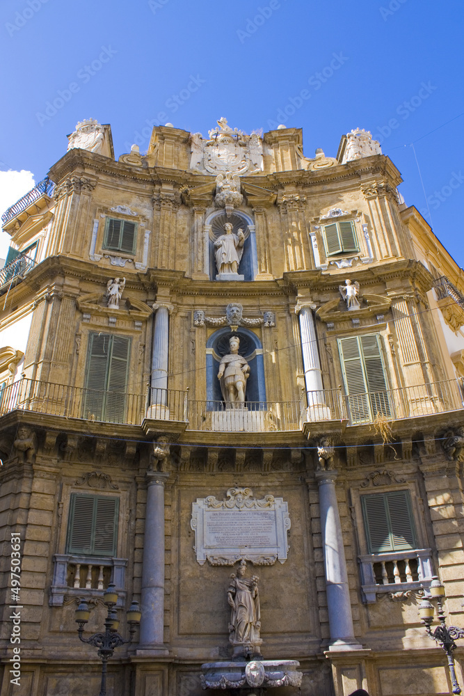 Palazzo Di Rudin at baroque square Quattro Canti (Piazza Vigliena) in Palermo, Sicily, Italy