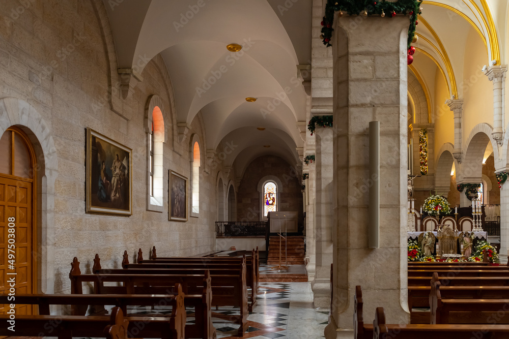 The interior of the side hall of the Chapel of Saint Catherine, near to the Church of Nativity in Bethlehem in the Palestinian Authority, Israel
