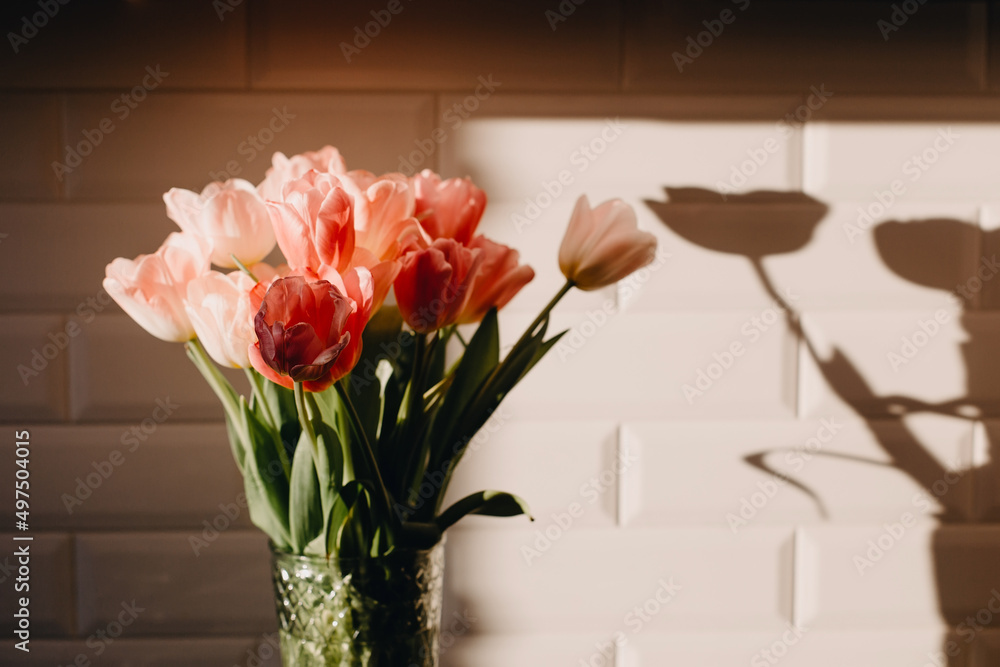 Bouquet of white and pink tulips. - obrazy, fototapety, plakaty 
