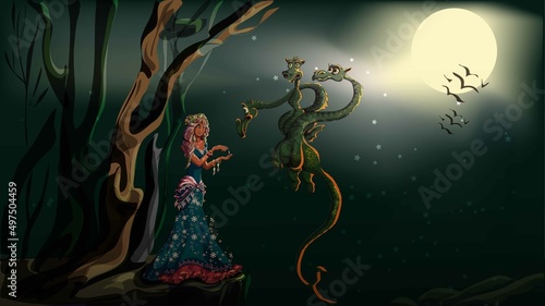 the girl feeds the dragon at night with the moon the girl feeds the dragon at night with the moon on the precipice. Illustration of a book, fairy tale, game background