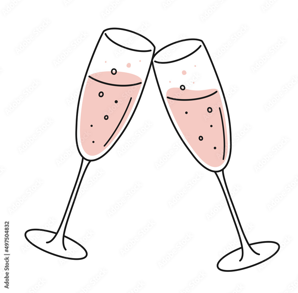 Hand drawn cute cartoon illustration clang glasses of champagne or sparkling wine. Flat vector alcohol drink sticker in simple colored doodle style. Holiday celebration party icon or print. Isolated