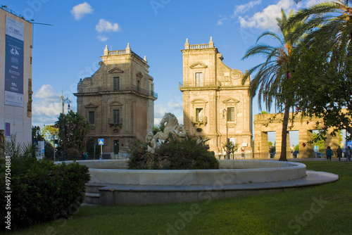 Monumental city Gate Porta Felice and fountain in Palermo, Sicily, Italy