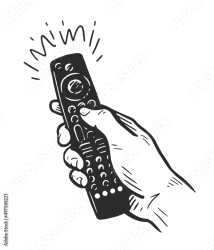 Hand holding remote controller pop art retro style. Control vector illustration