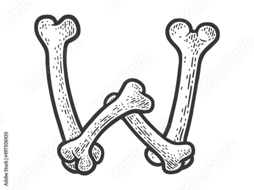 letter W made of bones sketch engraving vector illustration. Bones font. T-shirt apparel print design. Scratch board imitation. Black and white hand drawn image.