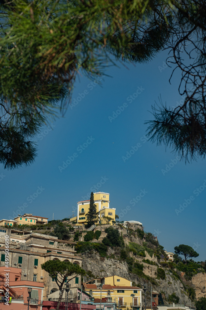 Low houses on the slope of the mountain. Travels in the Mediterranean. Historic places in Europe. Vietri sul Mare