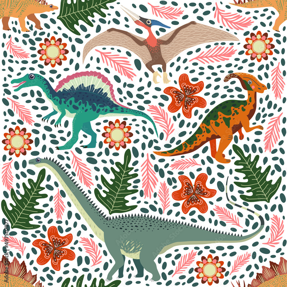 Obraz premium Hand drawn seamless pattern with dinosaurs and tropical leaves and flowers. Cute dino design.