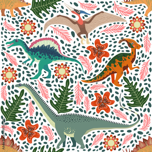 Hand drawn seamless pattern with dinosaurs and tropical leaves and flowers. Cute dino design.
