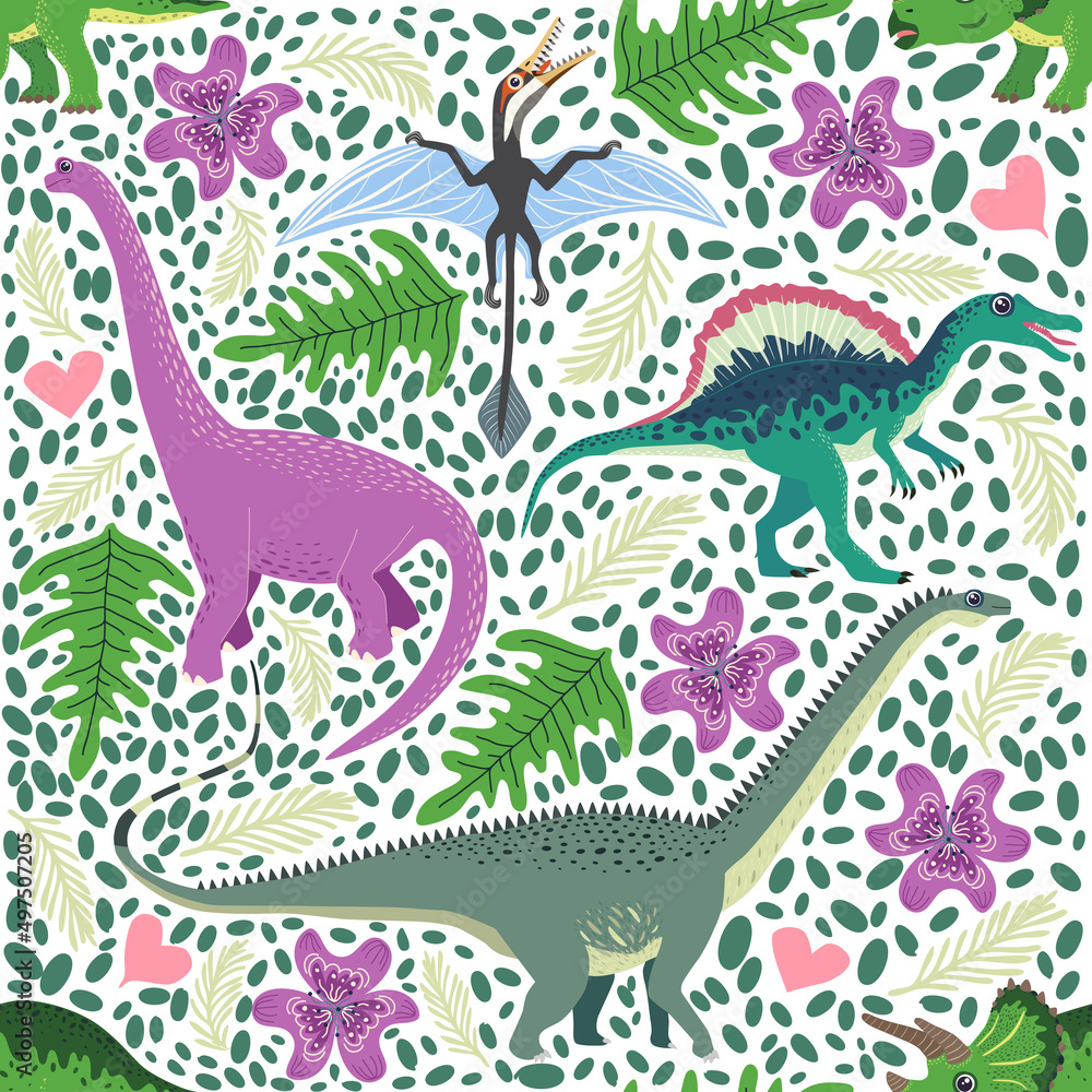 Obraz premium Hand drawn seamless pattern with dinosaurs and tropical leaves and flowers. Cute dino design.