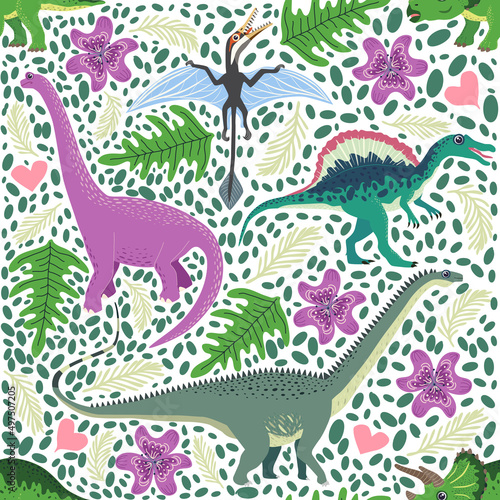 Hand drawn seamless pattern with dinosaurs and tropical leaves and flowers. Cute dino design.