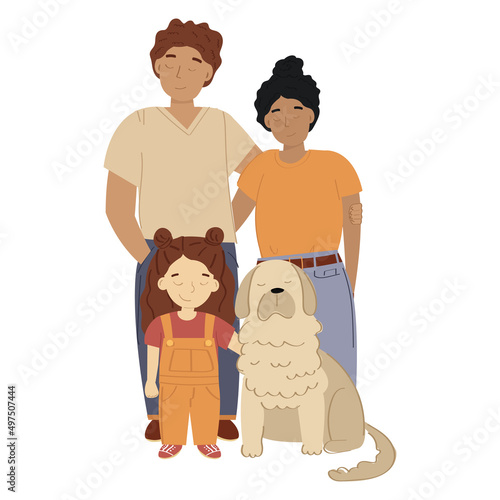 An illutration of a happy family with dog