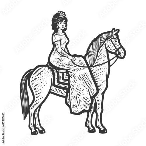 Old fashioned girl riding horse sketch engraving vector illustration. T-shirt apparel print design. Scratch board imitation. Black and white hand drawn image.