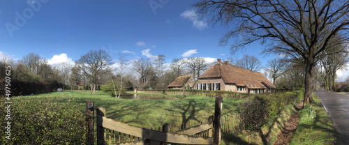 Saxion farms and courtyard at Dorpsstraat Uffelte Drente Netherlands. Panorama.