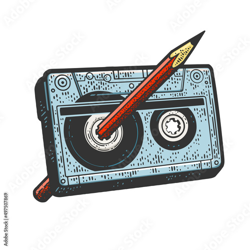 Pencil rewinds Compact Cassette tape color sketch engraving vector illustration. T-shirt apparel print design. Scratch board imitation. Black and white hand drawn image.