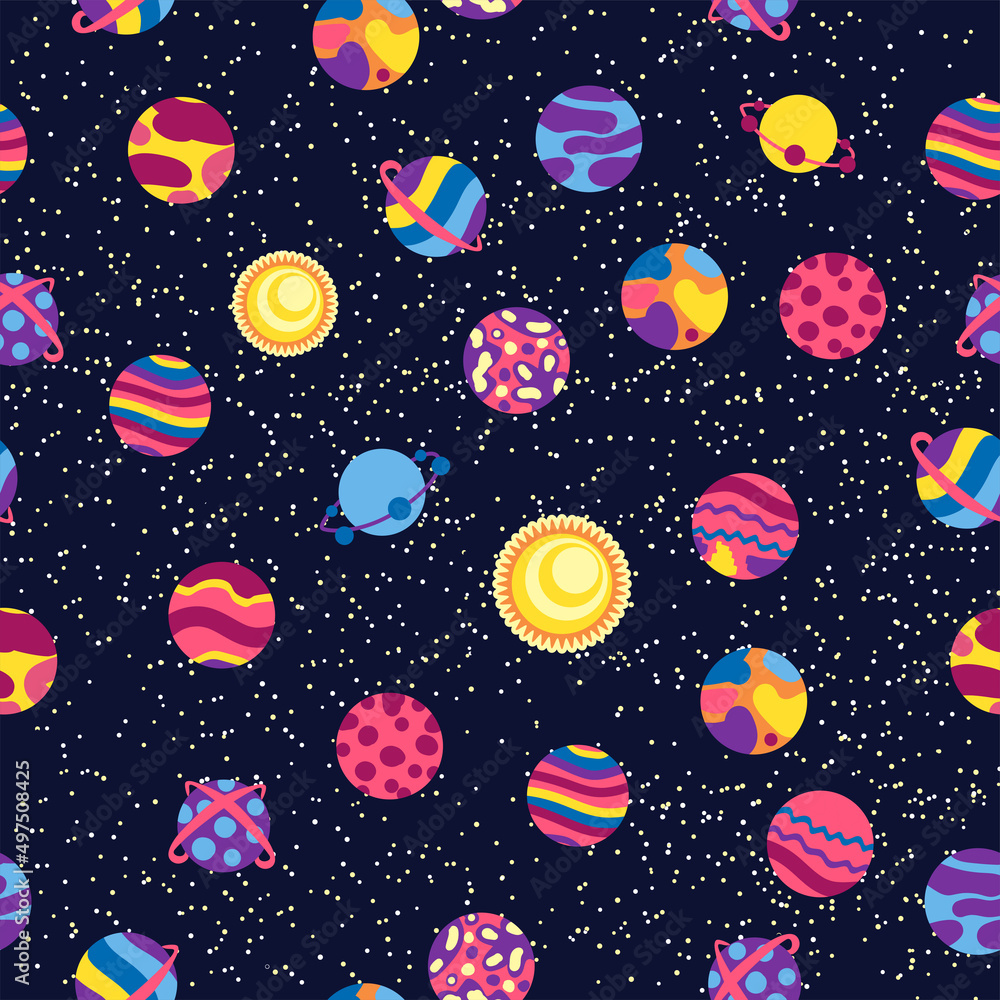 Seamless space pattern. Planets, rockets and stars. Cartoon spaceship. Childish background. Hand drawn Seamless space pattern. Planets, rockets and stars. Cartoon spaceship. Childish background. Hand drawn