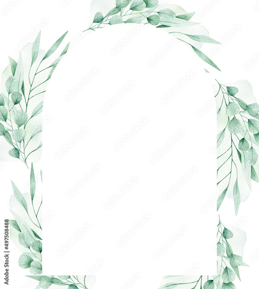 Watercolor illustration card with frame, eucalyptus, branches. Isolated on white background. Hand drawn clipart. Perfect for card, postcard, tags, invitation, printing, wrapping.