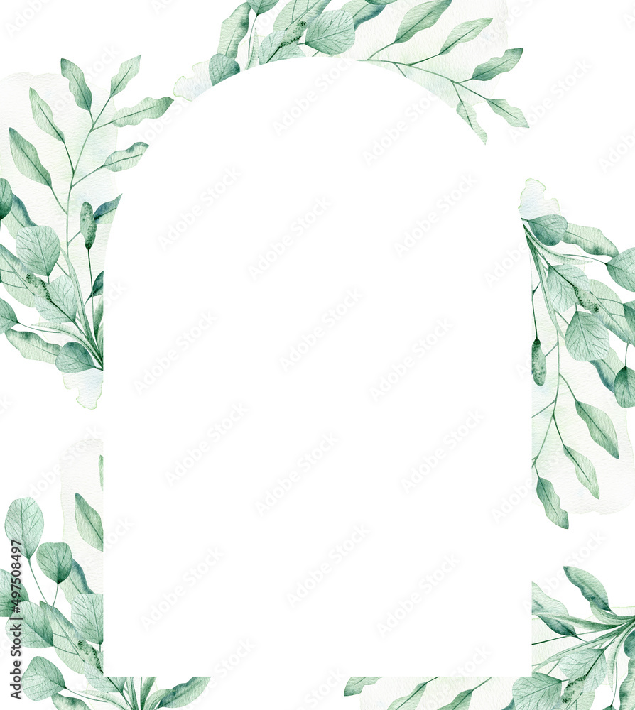 Watercolor illustration card with frame, green branches, eucalyptus.Isolated on white background. Hand drawn clipart. Perfect for card, postcard, tags, invitation, printing, wrapping. 