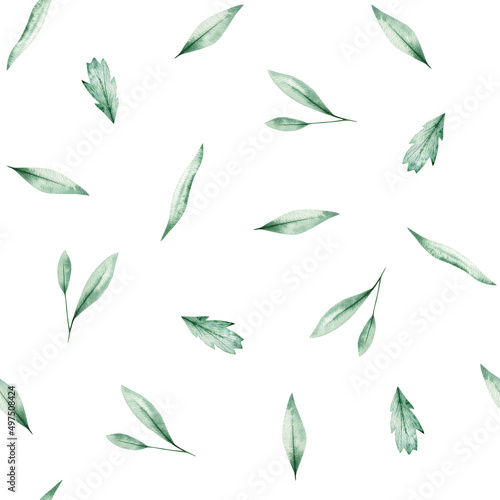 Watercolor seamless pattern with green different leaves. Isolated on white background. Hand drawn clipart. Perfect for card, fabric, tags, invitation, printing, wrapping.