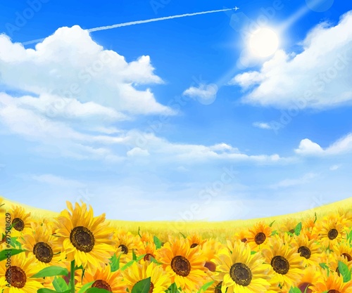 雲のある青空に太陽の下美しいひまわりが咲くひまわり畑の初夏フレーム背景素材