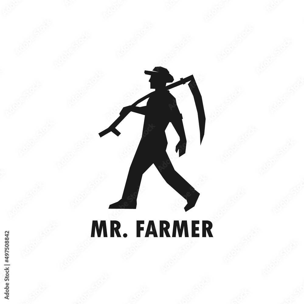 Farmer man carrying scythe simple black vector silhouette illustration.