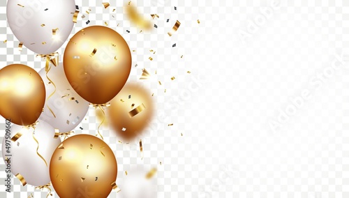 Canvas Print Celebration banner with gold confetti and balloons, isolated on transparent back