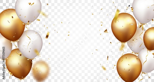 Celebration banner with gold confetti and balloons, isolated on transparent background