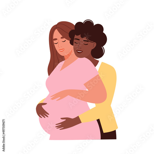 Happy lgbt family is expecting a baby. Pregnant woman with her wife. Lesbian couple. Concept of pregnancy, family, motherhood. Flat vector illustration.